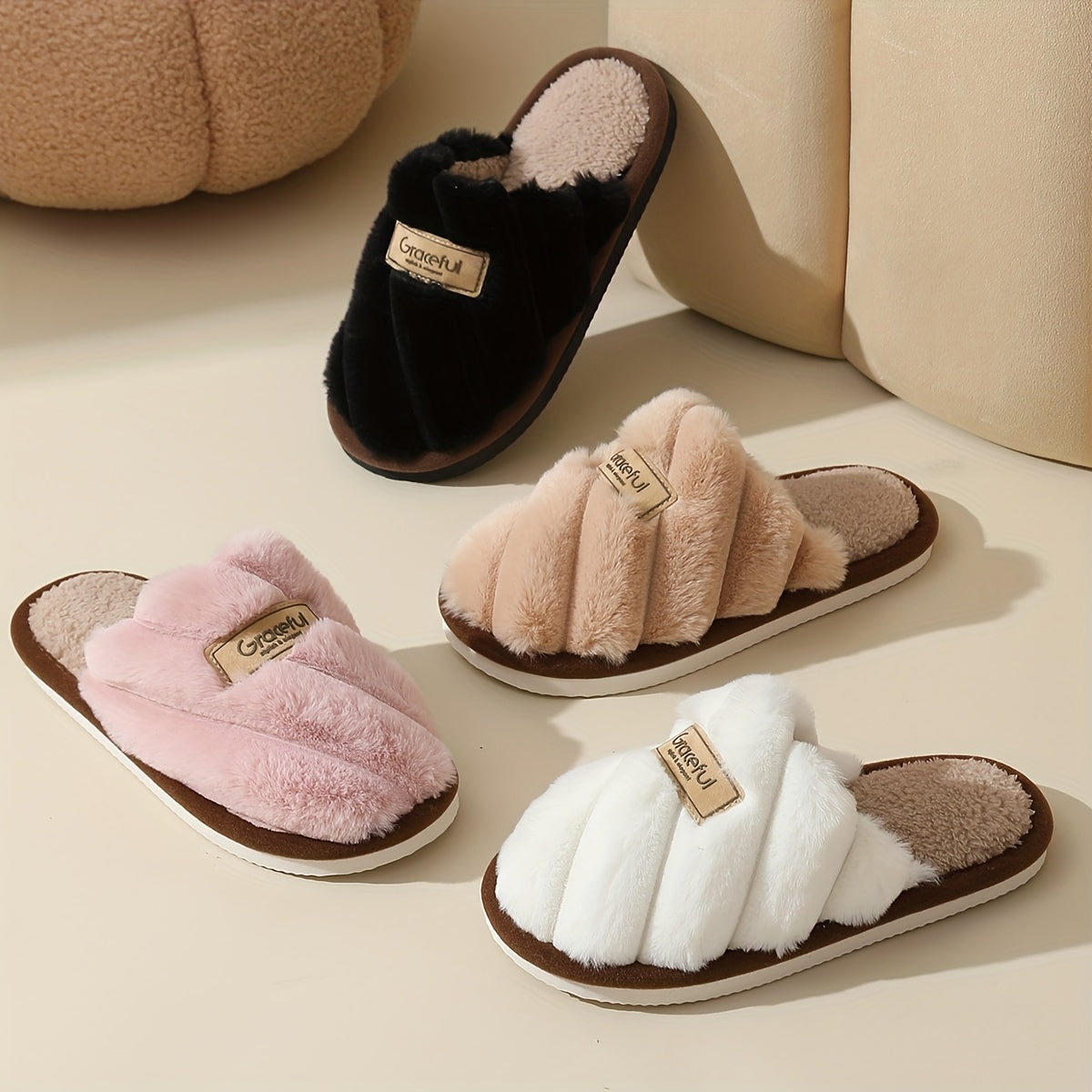 Women's Faux Fur-Lined Slip-On Slippers with TPR Sole for Indoor Outdoor Use