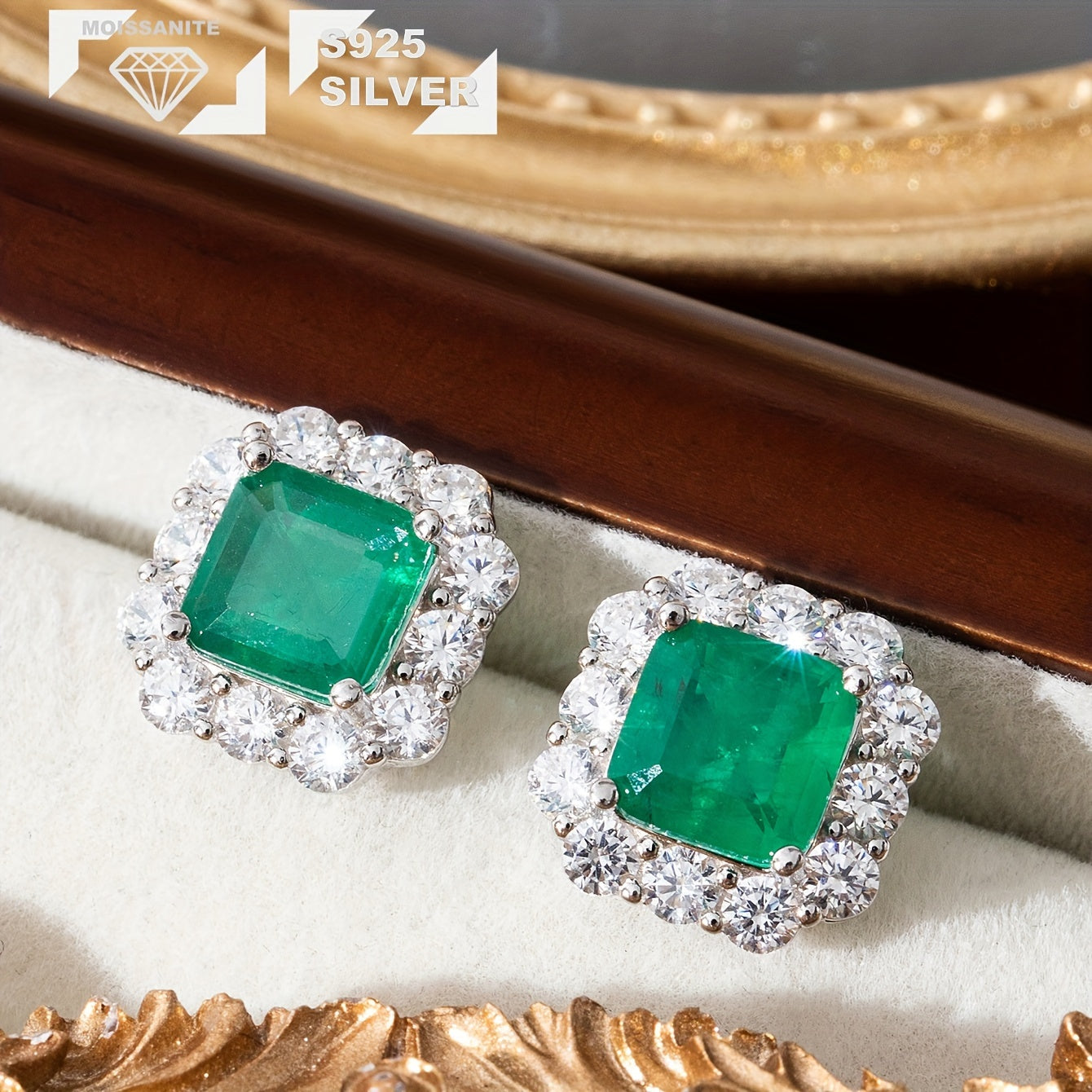 Vintage Silver Earrings with Moissanite and Emerald-Style Synthetic Gemstones