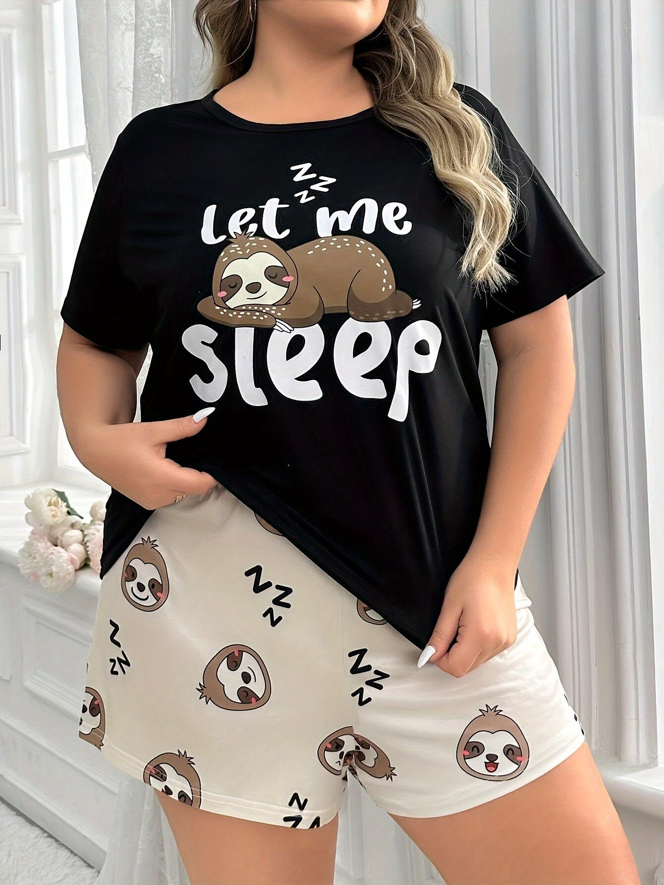 Plus Size Women's Pajama Set Short Sleeve Crew Neck Top Shorts Lounge Sleepwear