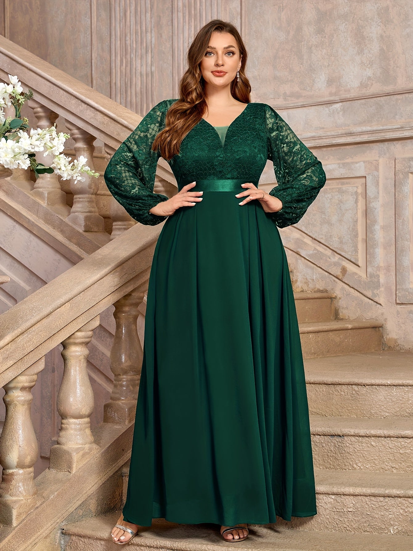 Plus Size Women's Floral Lace Chiffon Long Dress Evening Gown Formal Party