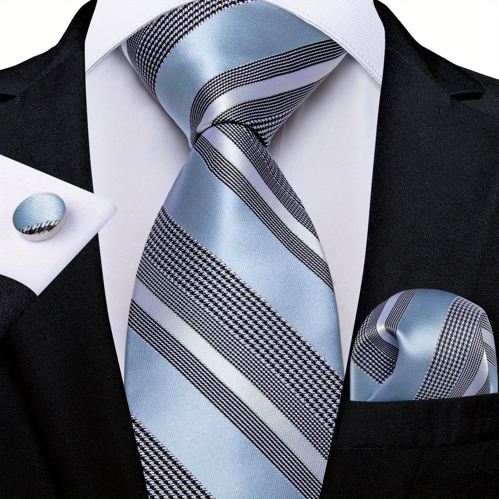 Men's Striped Necktie Set with Handkerchief and Cufflinks for Weddings and Business