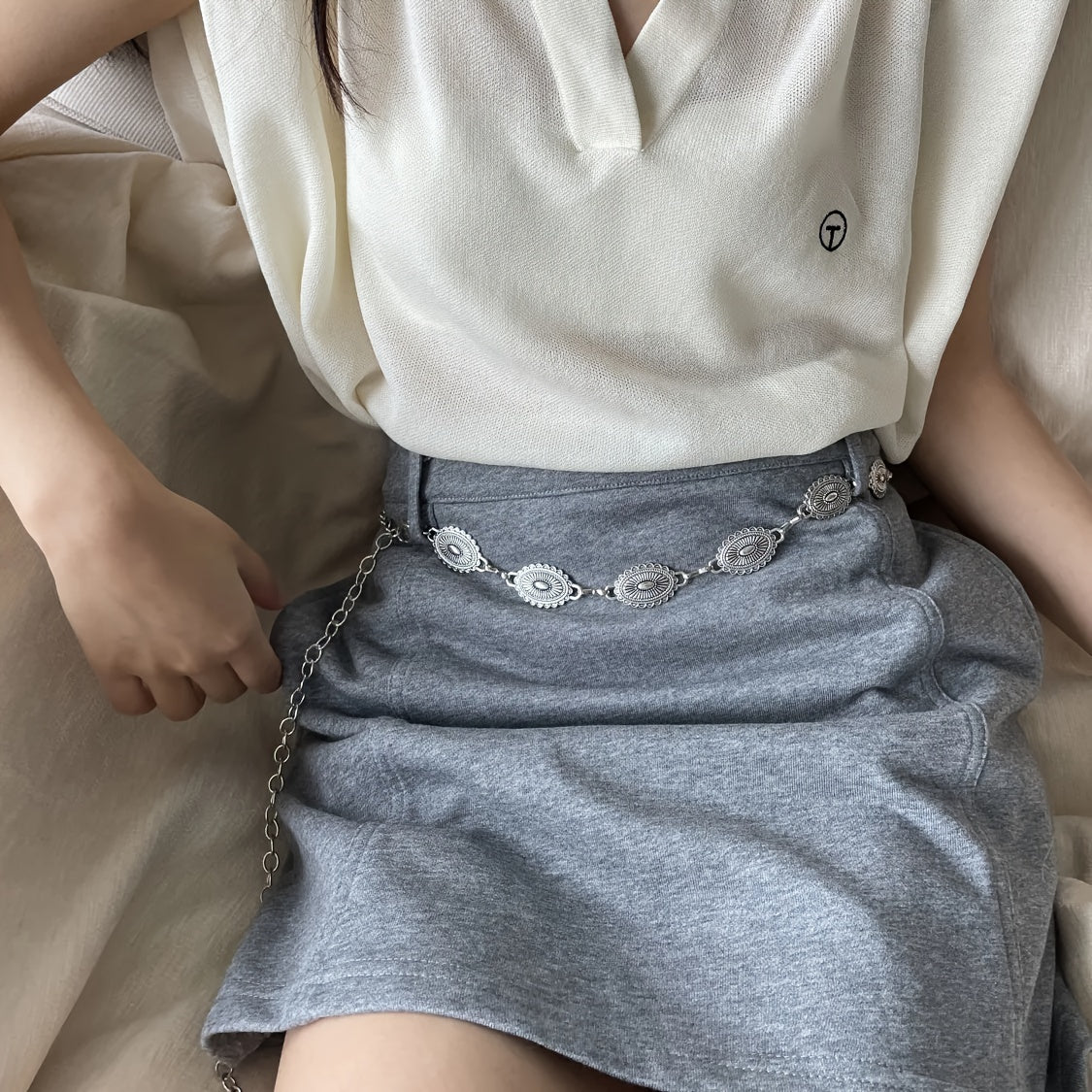 Vintage Ethnic Silver Carved Chain Belt Adjustable Extendable Accessory for Skirts and Pants