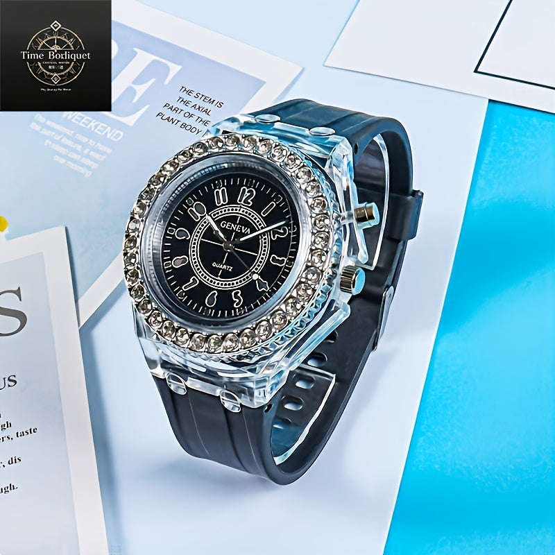 Glow-in-the-Dark Silicone Watch for Men Women Kids LED Time Display Casual Fashion Rhinestone Accents