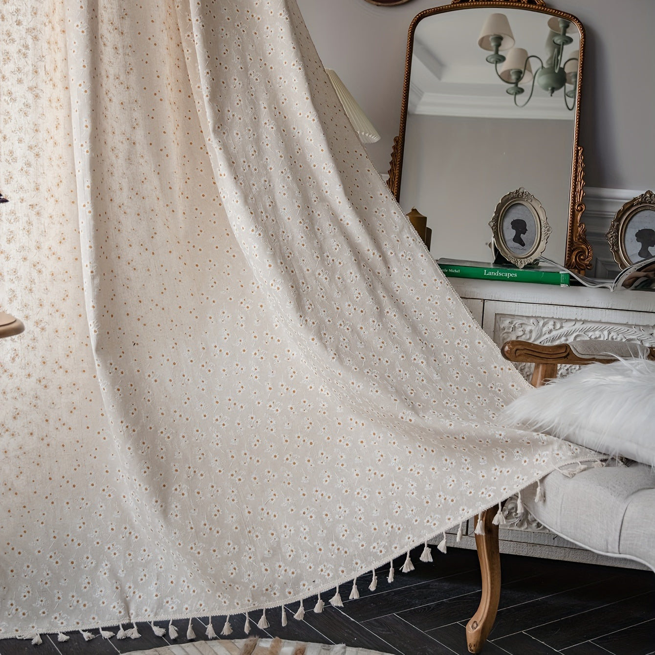 Printed Tassel Rod Pocket Curtains for Bedroom Living Room Kitchen Set of 2