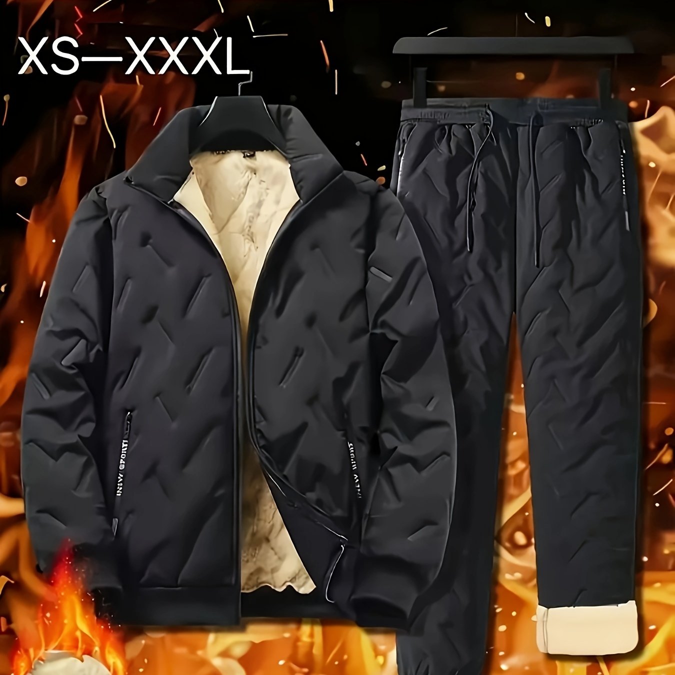 Men's Casual Sportswear Set Polyester Velvet-Lined Stand Collar Zip-Up Jacket Joggers Fall Winter