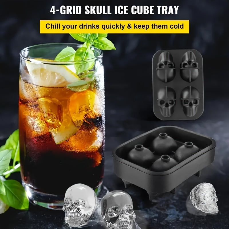 Silicone Skull Ice Cube Mold 4-Cavity Black Tray for Whiskey and Spirits
