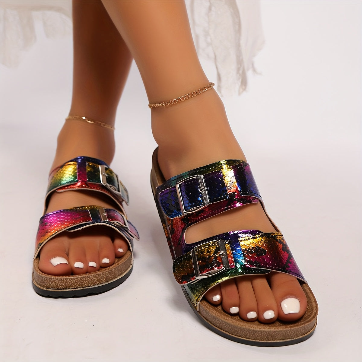 Women's Leopard Print Cork Slides Double Buckle Straps Open Toe Summer Sandals