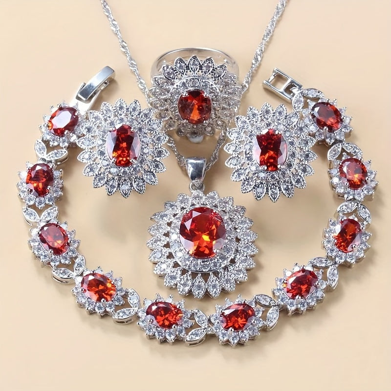 Sunflower Jewelry Set for Women Silver Plated Cubic Zirconia Earrings Ring Necklace Bracelet Wedding Vacation