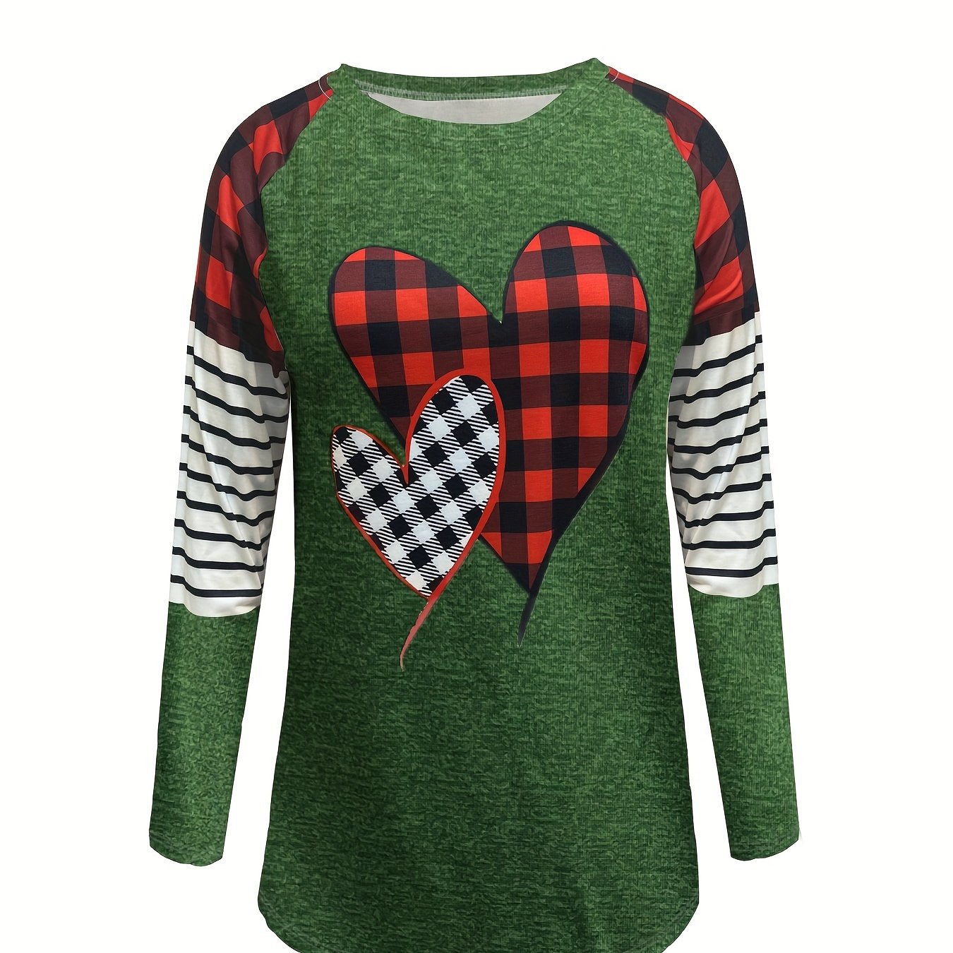 Plus Size Casual Sweatshirt Women's Plaid Heart Print Long Sleeve Pullover