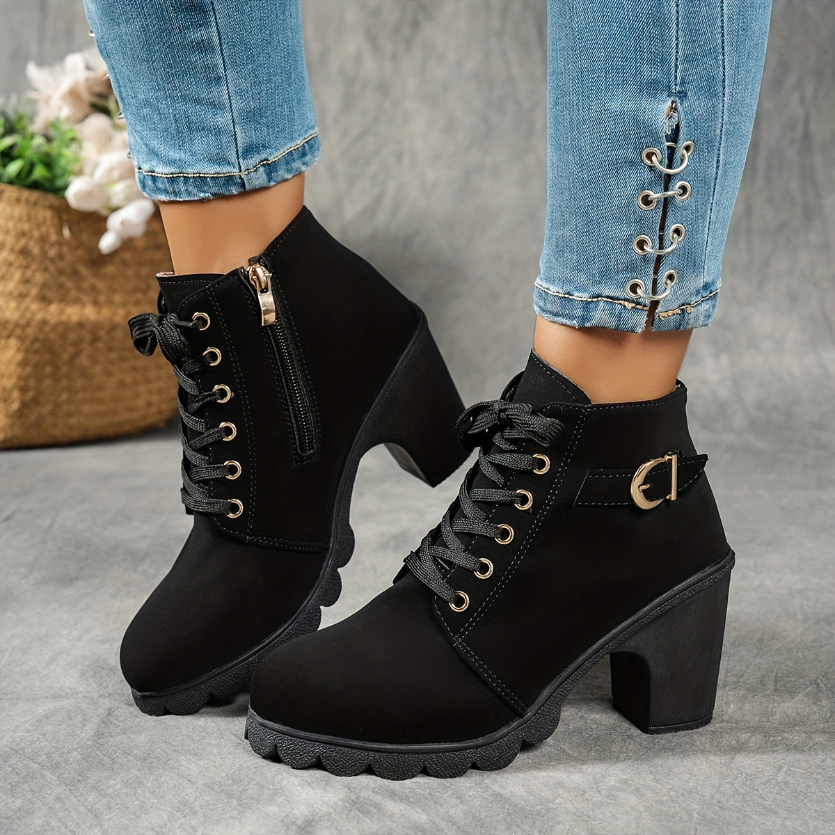 Women's Ankle Boots Faux Cover Side Zipper Chunky Heel All-Season Casual