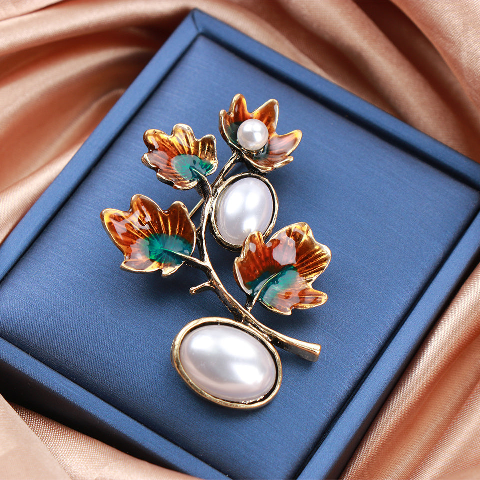 Vintage Enamel Plant Brooch Pin Ethnic Style Jewelry for Women