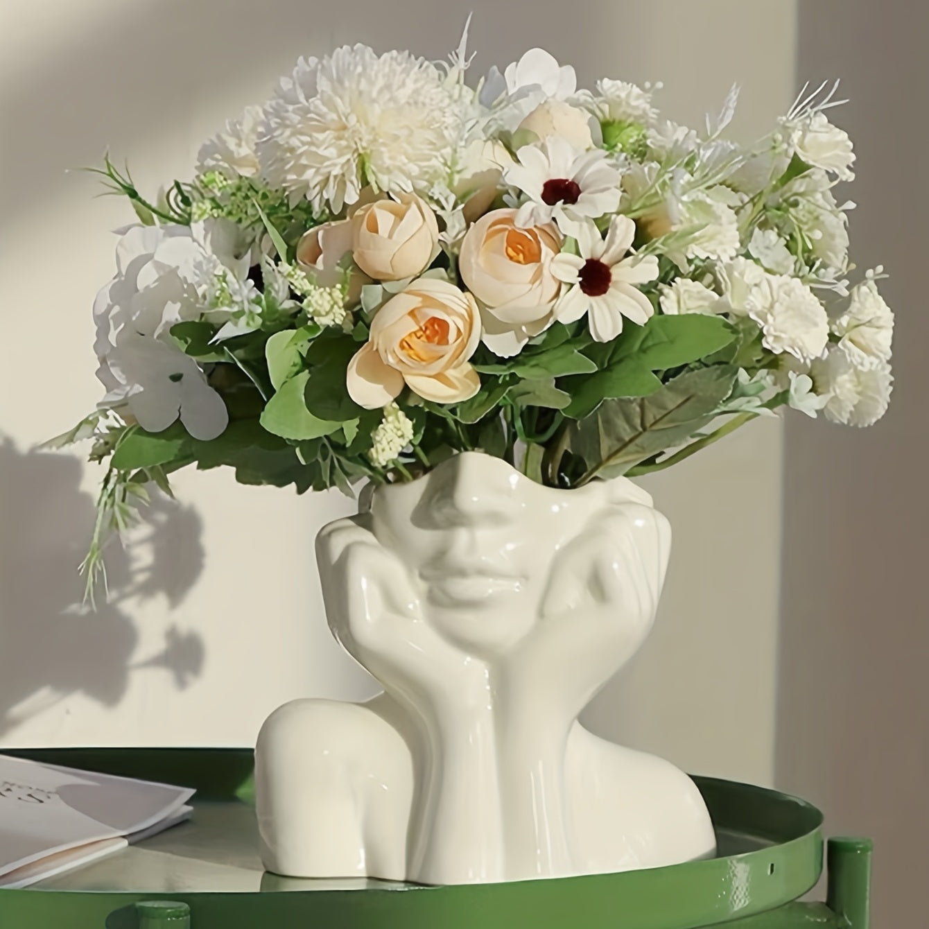 White Resin Vase with Human Face Design Nordic Home Decor Double Handles for Floral Display