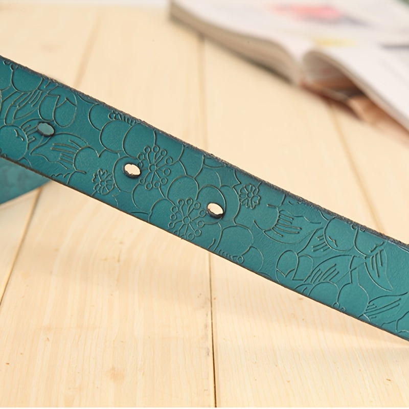 Women's Leather Flower Embossed Belt with Vintage Pin Buckle for Casual Jeans