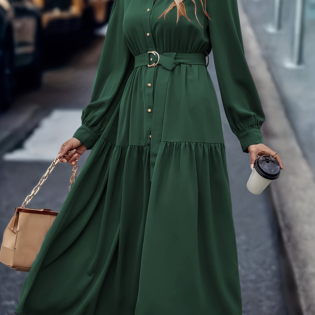 Women's Middle Eastern Style Polyester Shirt Dress with Lantern Sleeves and Ruffled Hem for Spring Fall