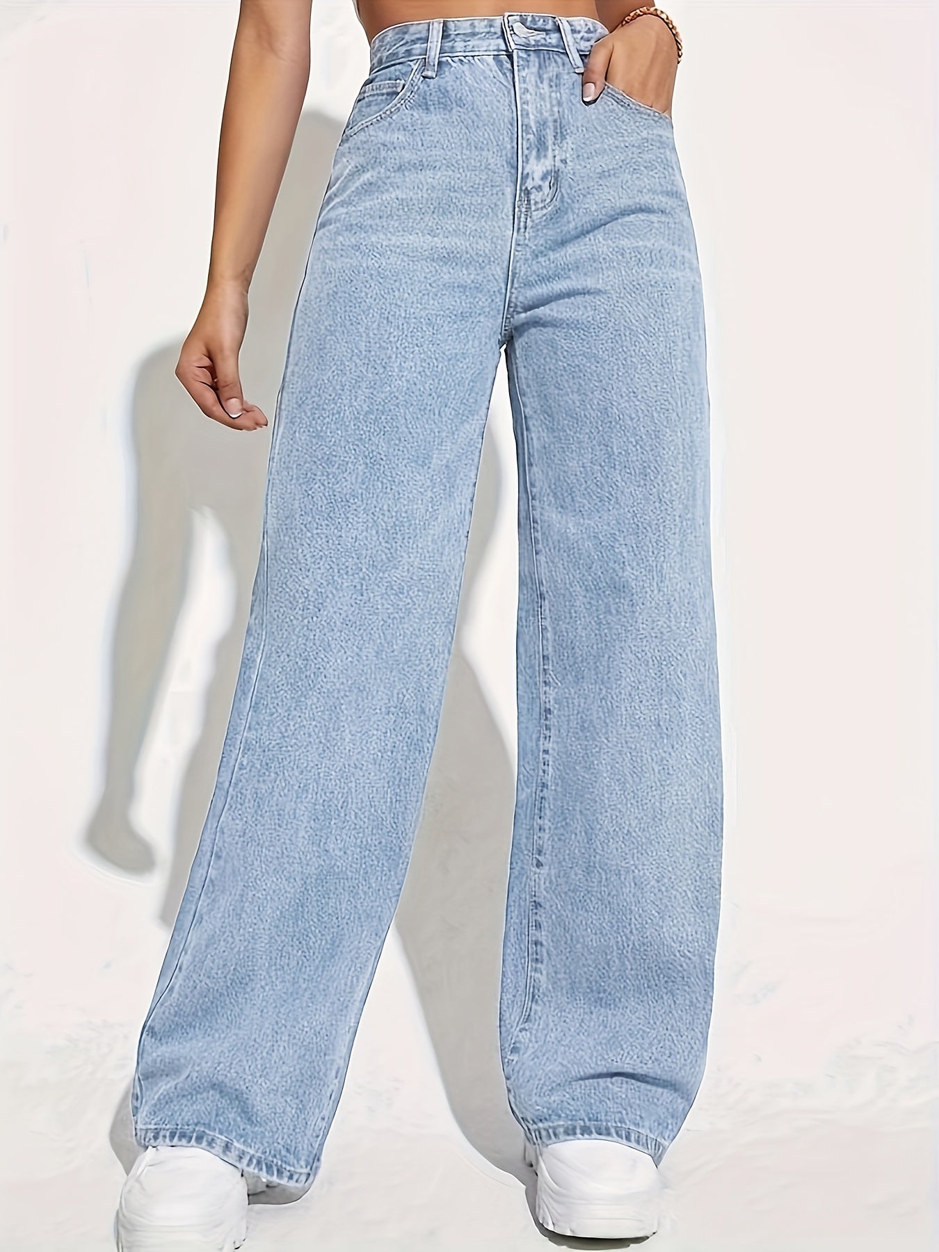 Women's High-Waisted Wide Leg Denim Jeans Casual Solid Stretch Fabric Long Fit