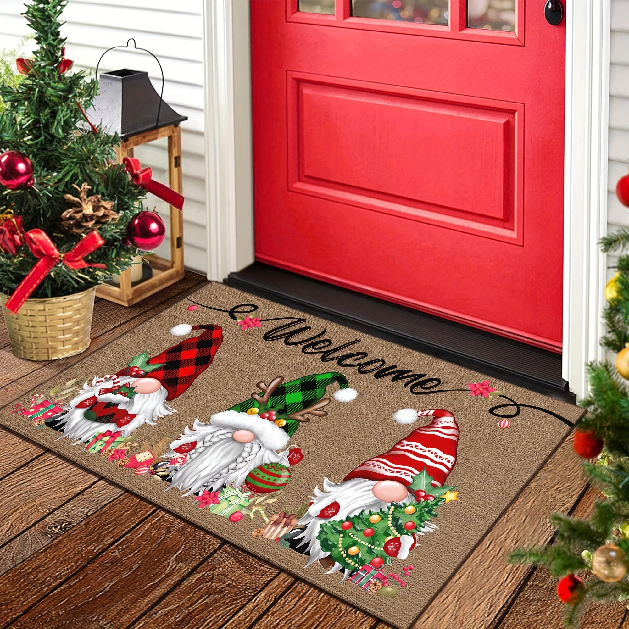 Festive Christmas Gnome Welcome Doormat 6mm Thick Non-Slip Polyester