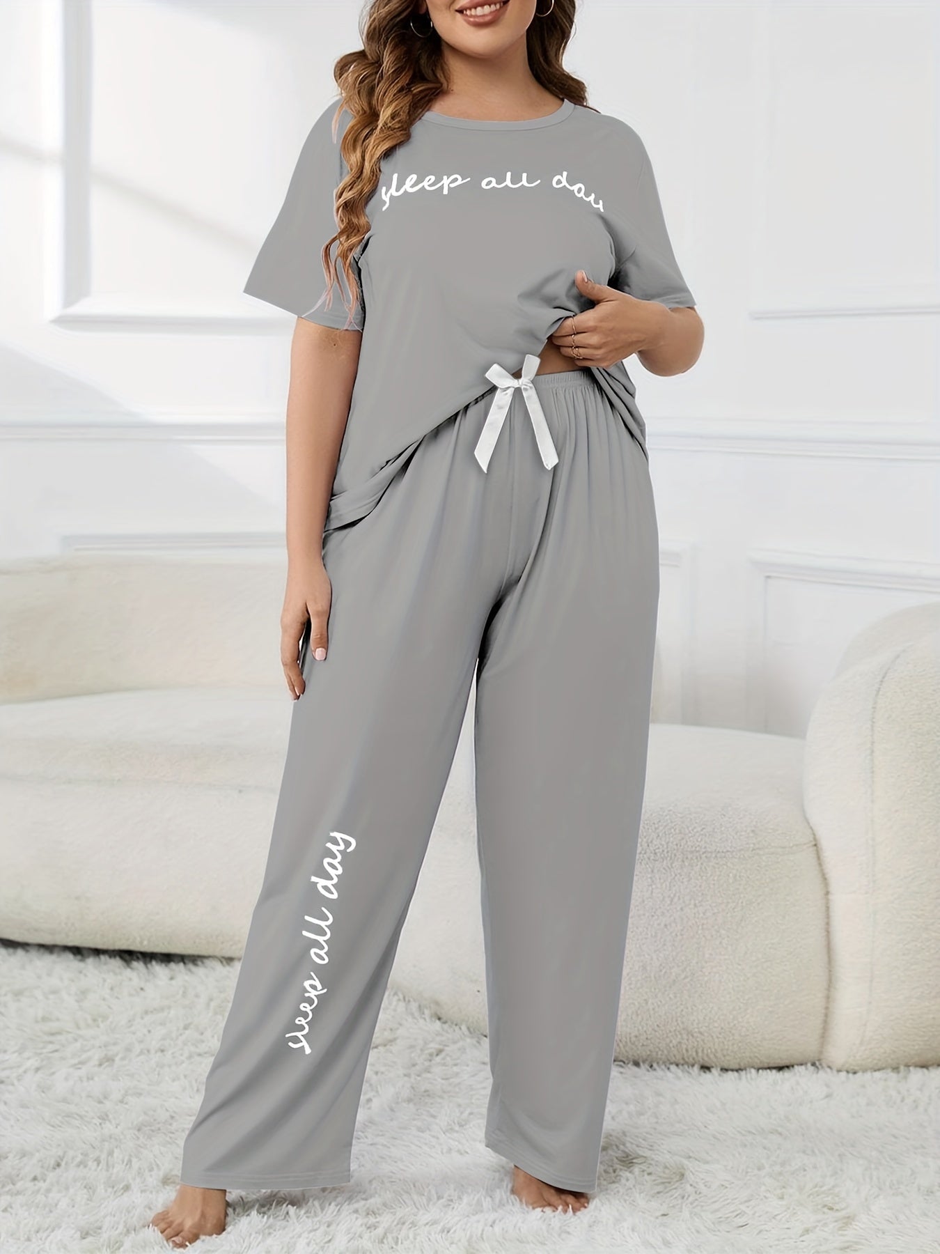 Plus Size Pajama Set with Printed Top and Casual Pants for Women