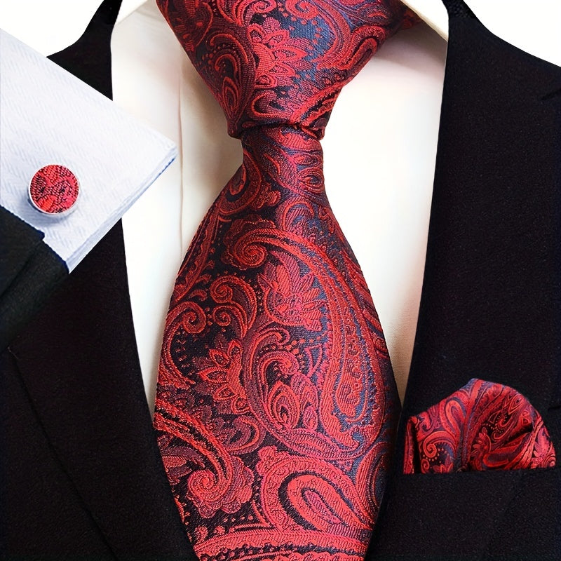 Set of 3 Paisley Jacquard Woven Neckties with Cufflinks and Pocket Squares for Men
