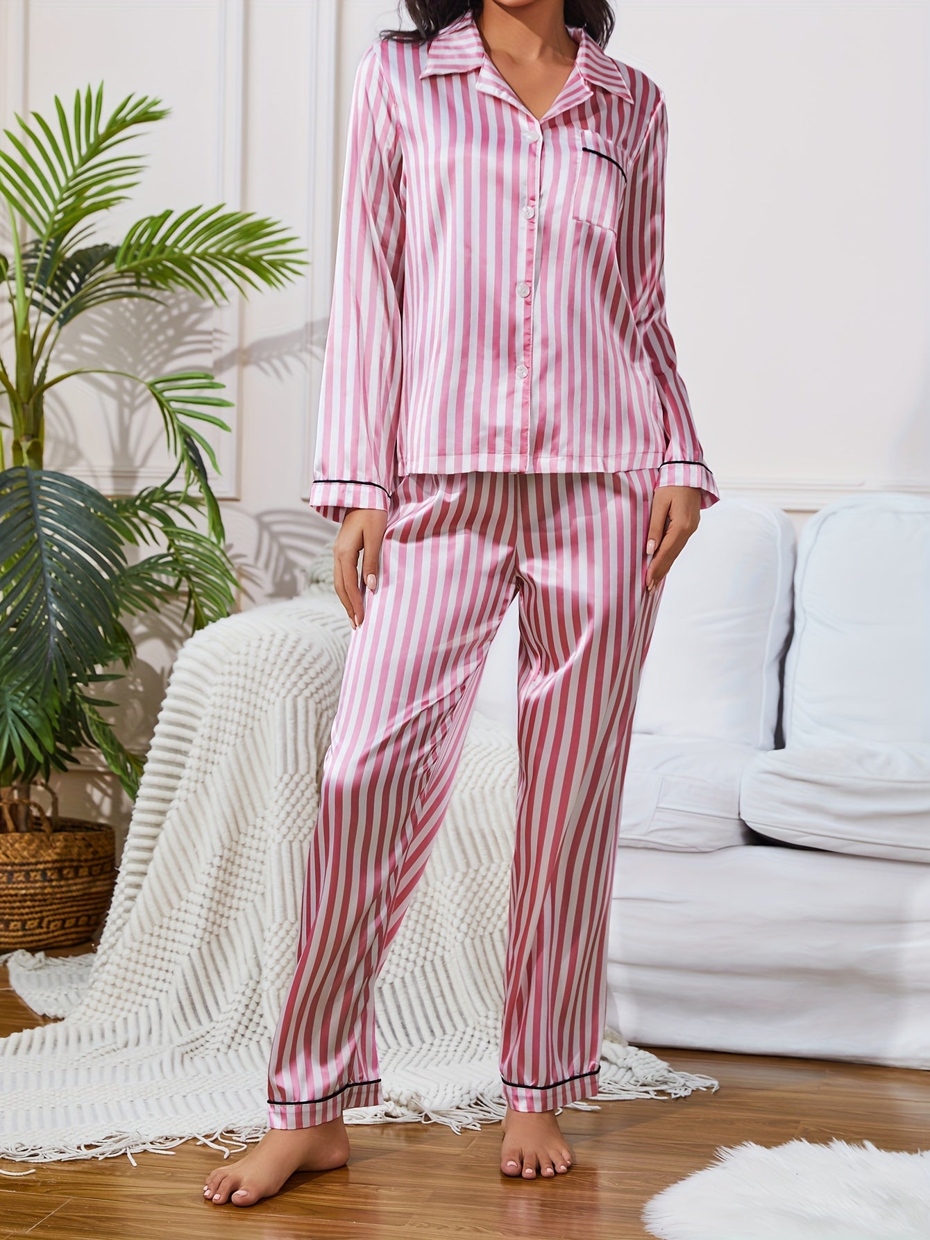 Women's Satin Striped Pajama Set with Button-Up Top and Long Pants