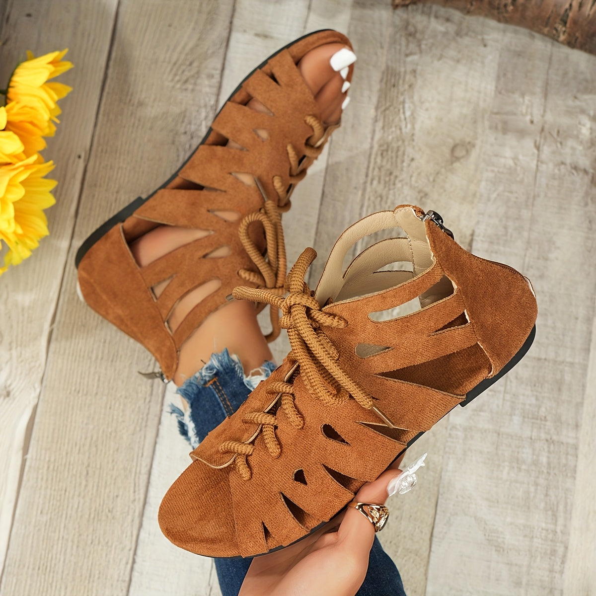 Women's Gladiator Sandals Open Toe Flat Heel Lace-Up Fabric Shoes