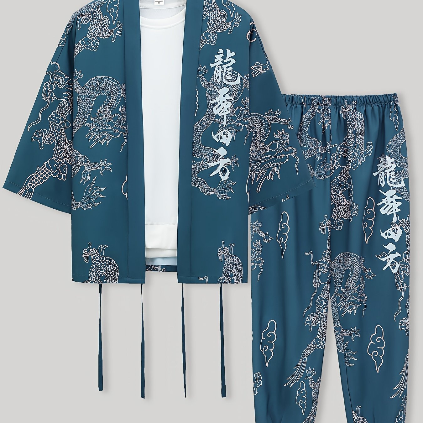 Men's Dragon Print Pajama Set Breathable Polyester Japanese-Inspired Casual Loungewear