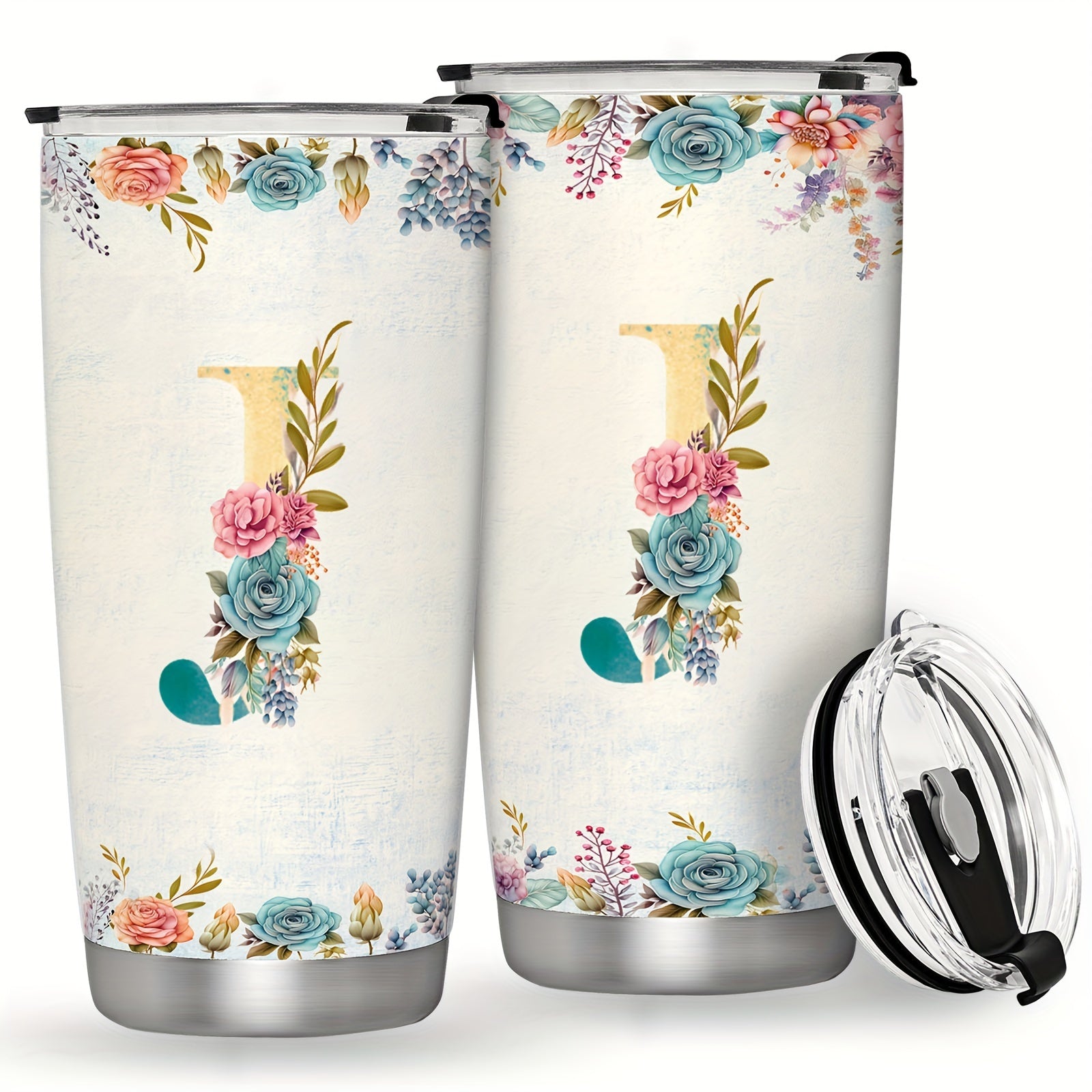 20oz Stainless Steel Tumbler with Monogram Floral Design Leak Proof Lid for Outdoor Use