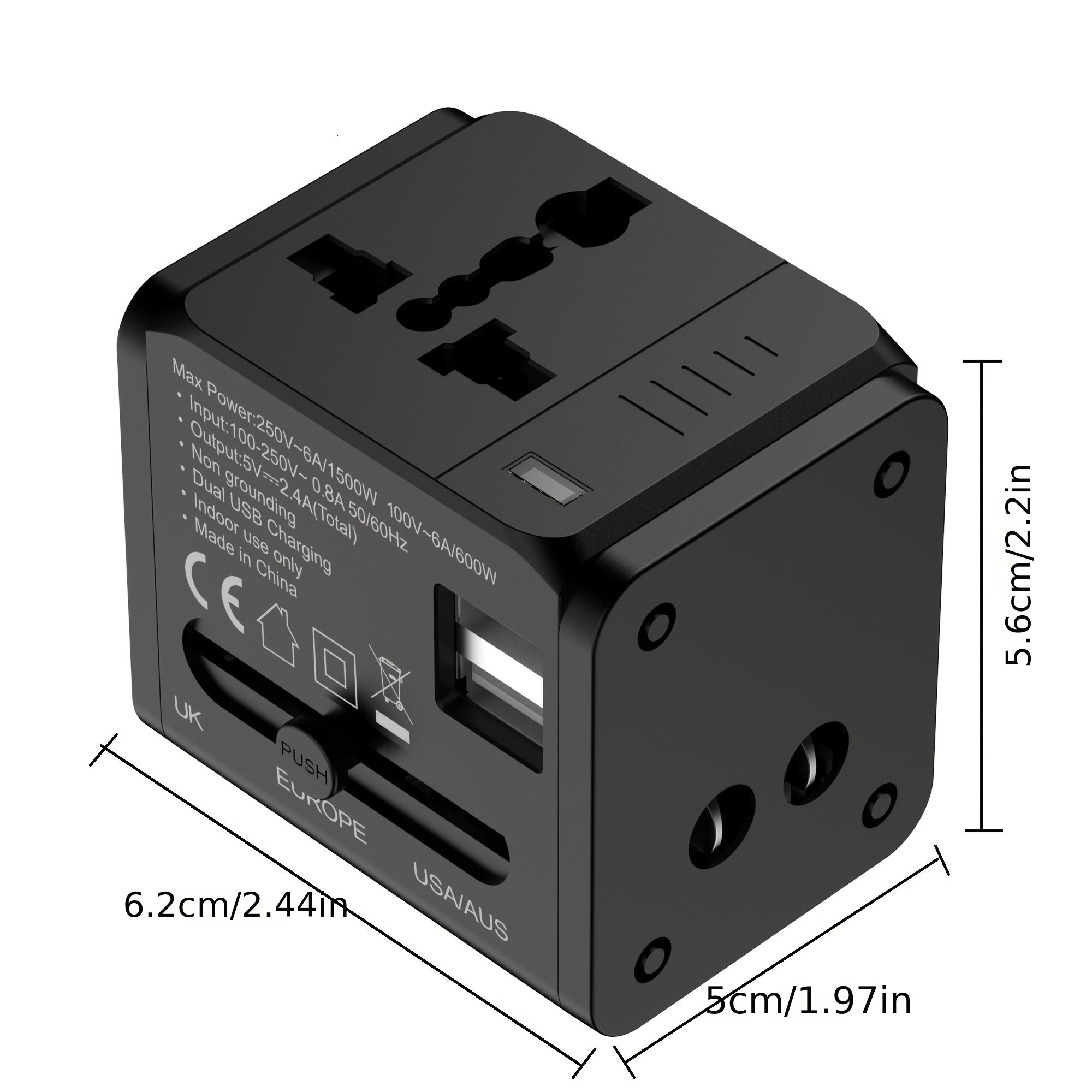 Adaptador de viaje con carga rápida, amplio rango de voltaje, múltiples tipos de enchufe, protección con fusible