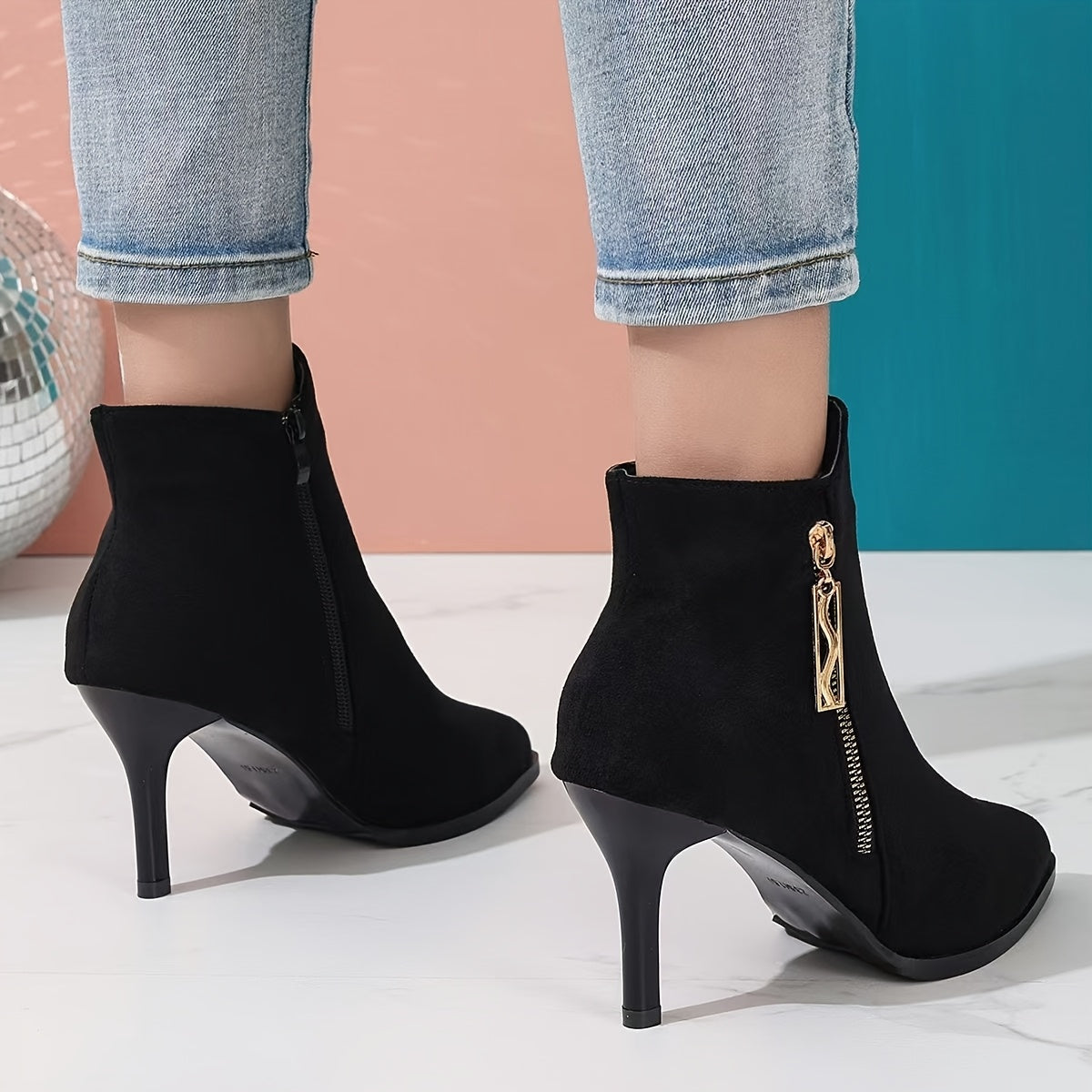 Women's Nubuck Leather Pointed Toe Boots with Zipper, 3-Inch Heel, Slip-Resistant Sole