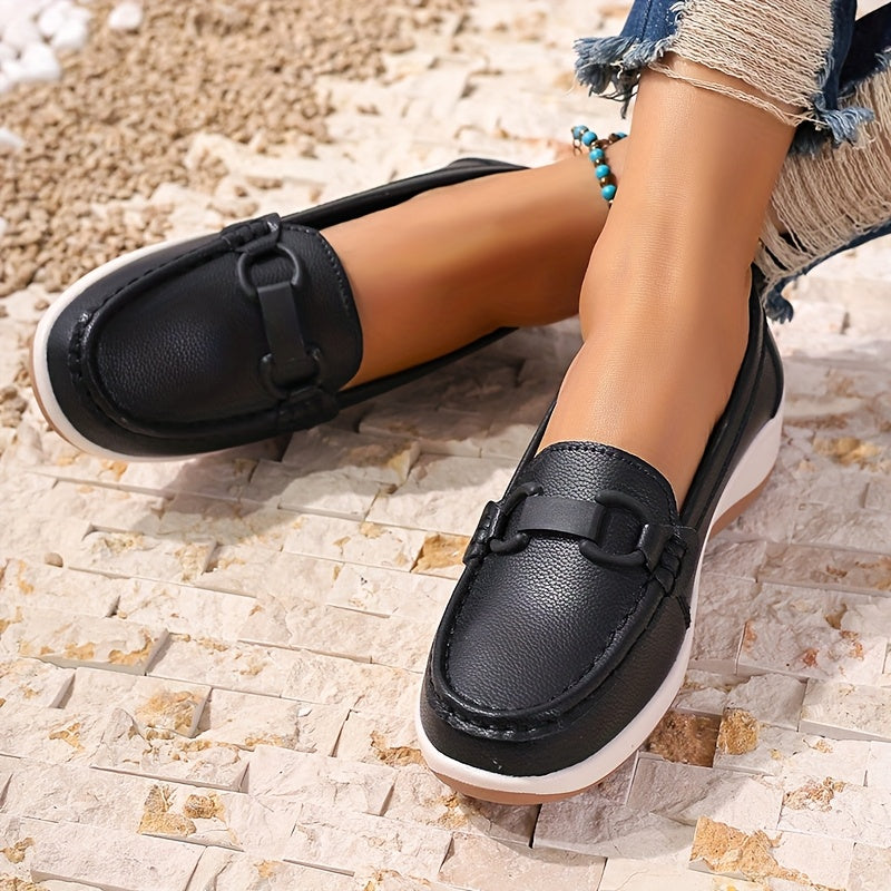 Women's Slip-On Loafers PU Cover Flats with Buckle Non-Slip Casual Shoes