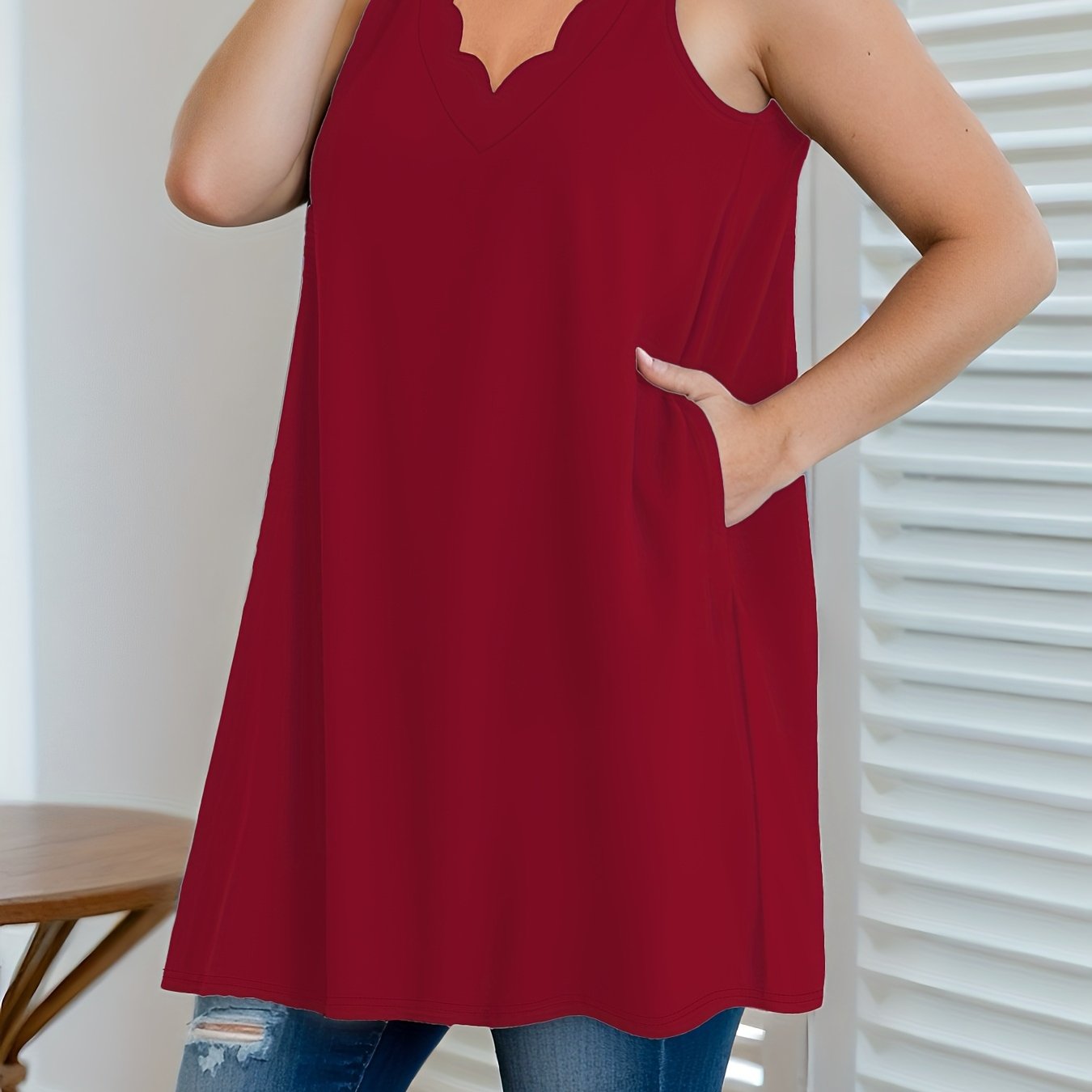 Women's Sleeveless Maxi Tank Top with Pockets V-Neck Solid Polyester Spandex