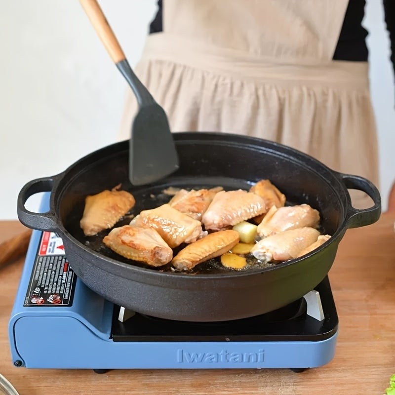 Cast Iron Double-Handled Skillet with Wooden Lid Non-Stick Cooking Pan for Gas and Induction