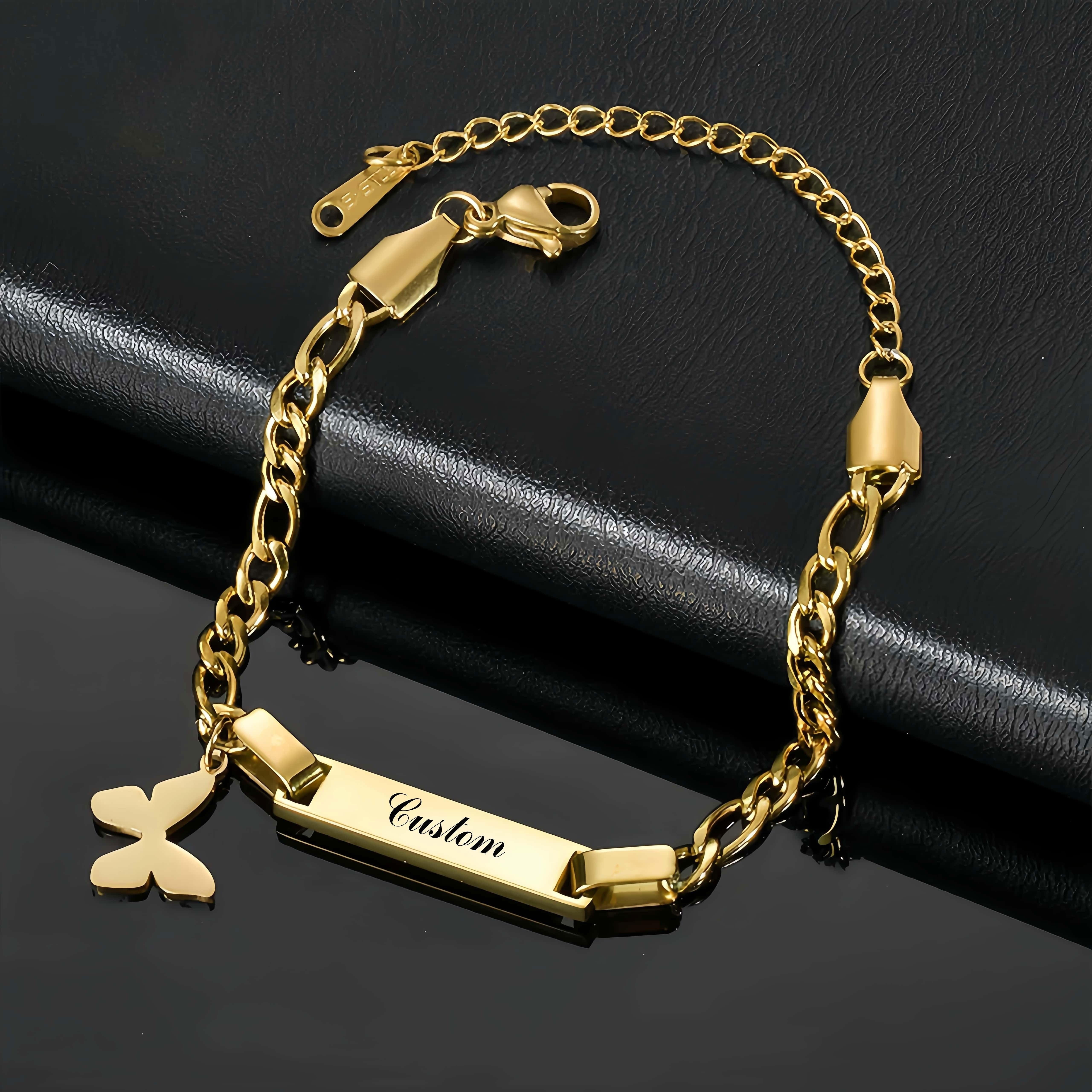 Pulsera personalizada de acero inoxidable con colgante, corazón, mariposa, estrella, corona, nombre grabado y fecha