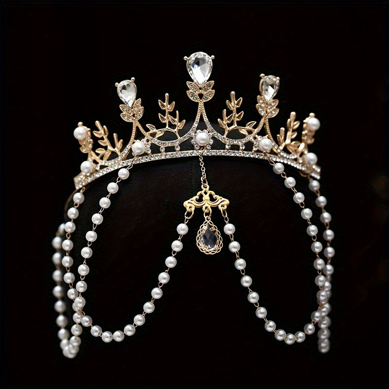 Handmade Rhinestone Crown with Beads and Faux Pearl Pendant for Wedding Hair Accessories