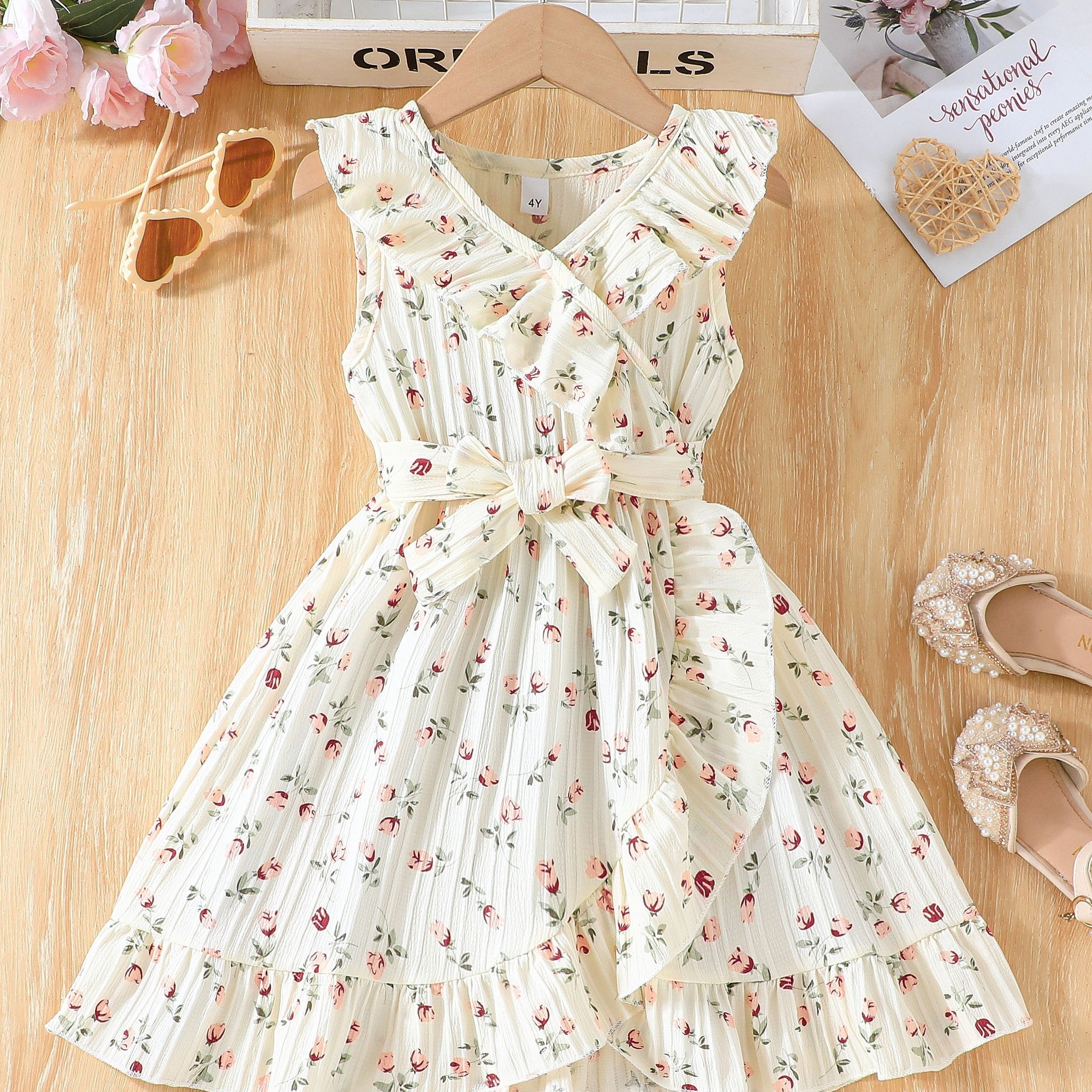 Girls' Summer Floral Sleeveless Dress with Belt for Parties and Beach Outings