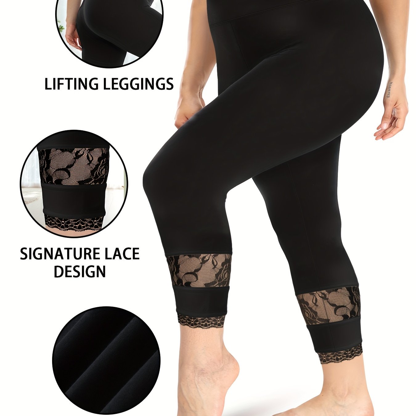 Women's High-Waisted Non-See-Through Workout Leggings with Lace Trim
