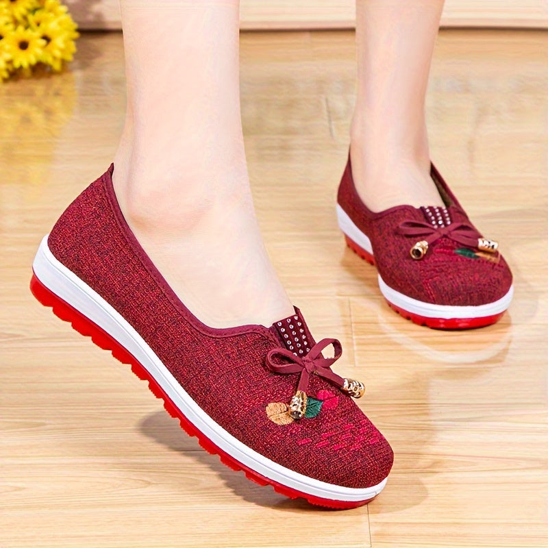 Women's Floral Embroidered Canvas Flats with Bowknot Detail for Comfort