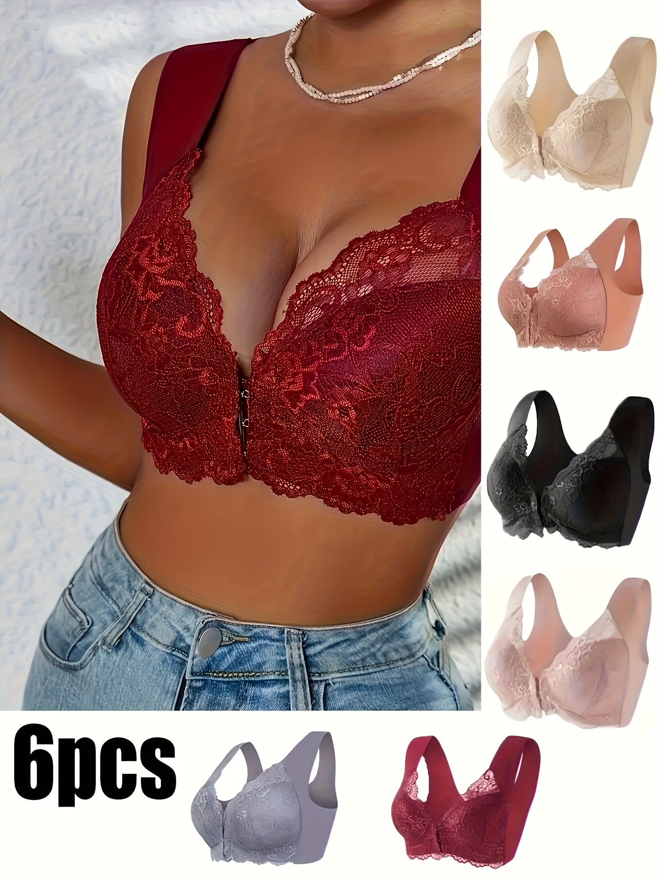 Women Plus Size Lace Push-Up Sports Bras Red Black 6 Pack