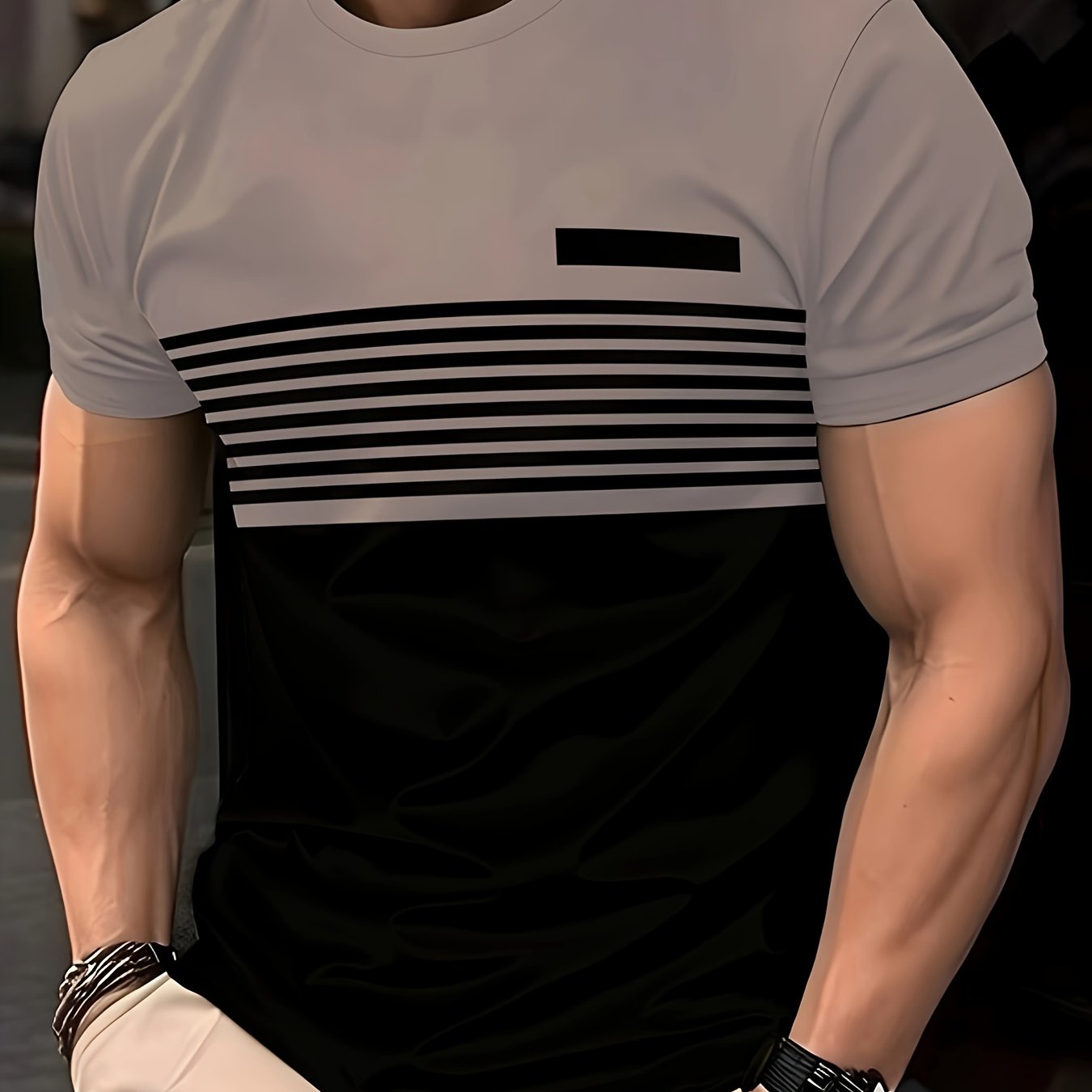 Men's Polyester Crew Neck T-Shirt with Geometric Stripe Pattern Casual Fit