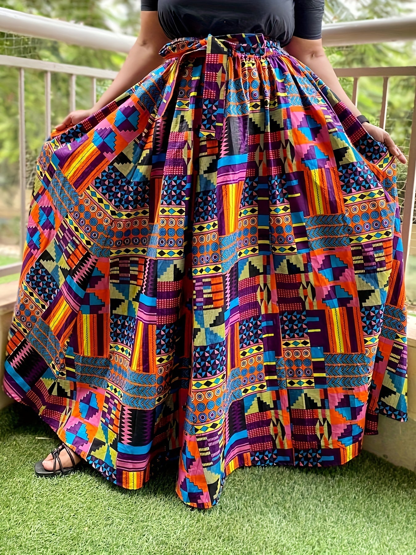 Plus Size Women Geometric Print Belted Skirt Casual Elastic Waist Spring Summer