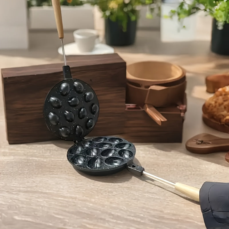 12-Cavity Non-Stick Baking Mold Pan with Wooden Handle for Waffles Cakes and Pancakes