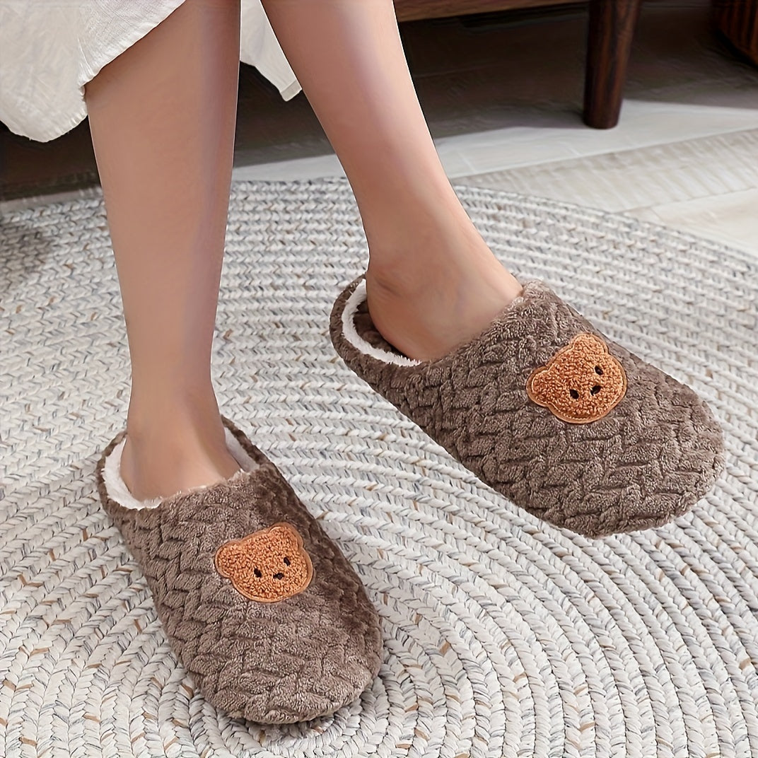 Men's Indoor Slippers with Bear Design Soft Fabric Warm Fuzzy Lining Lightweight Black White