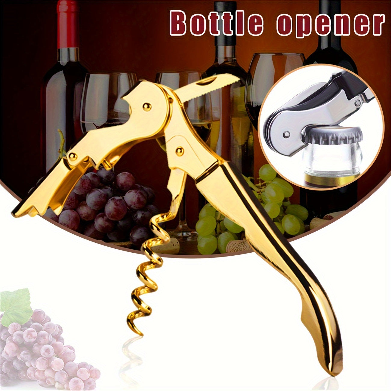 Gold-Toned Wine Opener with Serrated Knife and Double-Hinged Fulcrum