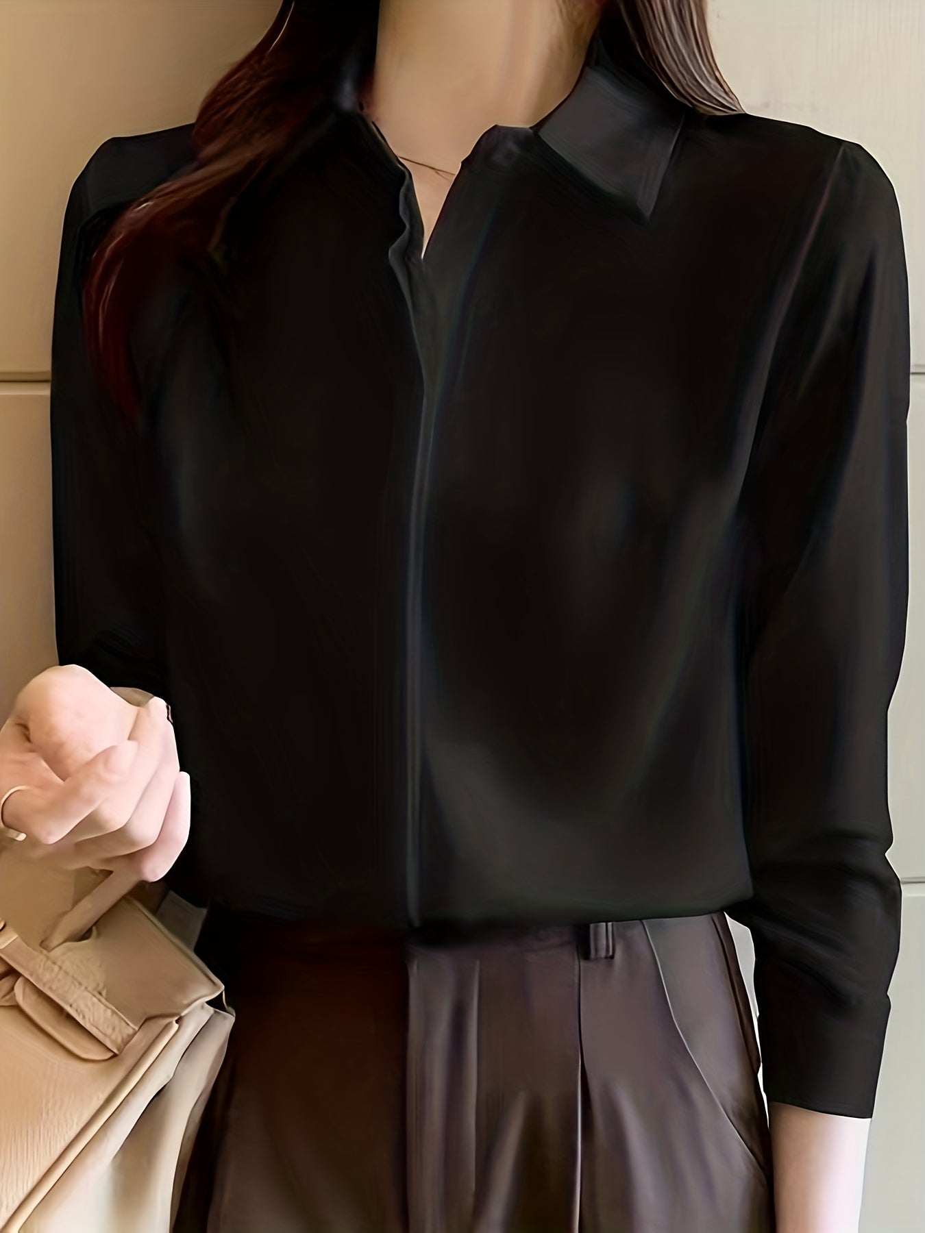 Women's Polyester Long Sleeve Blouse Solid Color Lapel Collar Non-Stretch Woven Professional Style