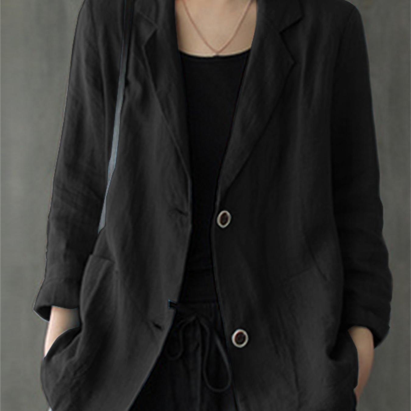 Plus Size Women's Cotton Blazer Long Sleeve Solid Color Office Casual Outerwear