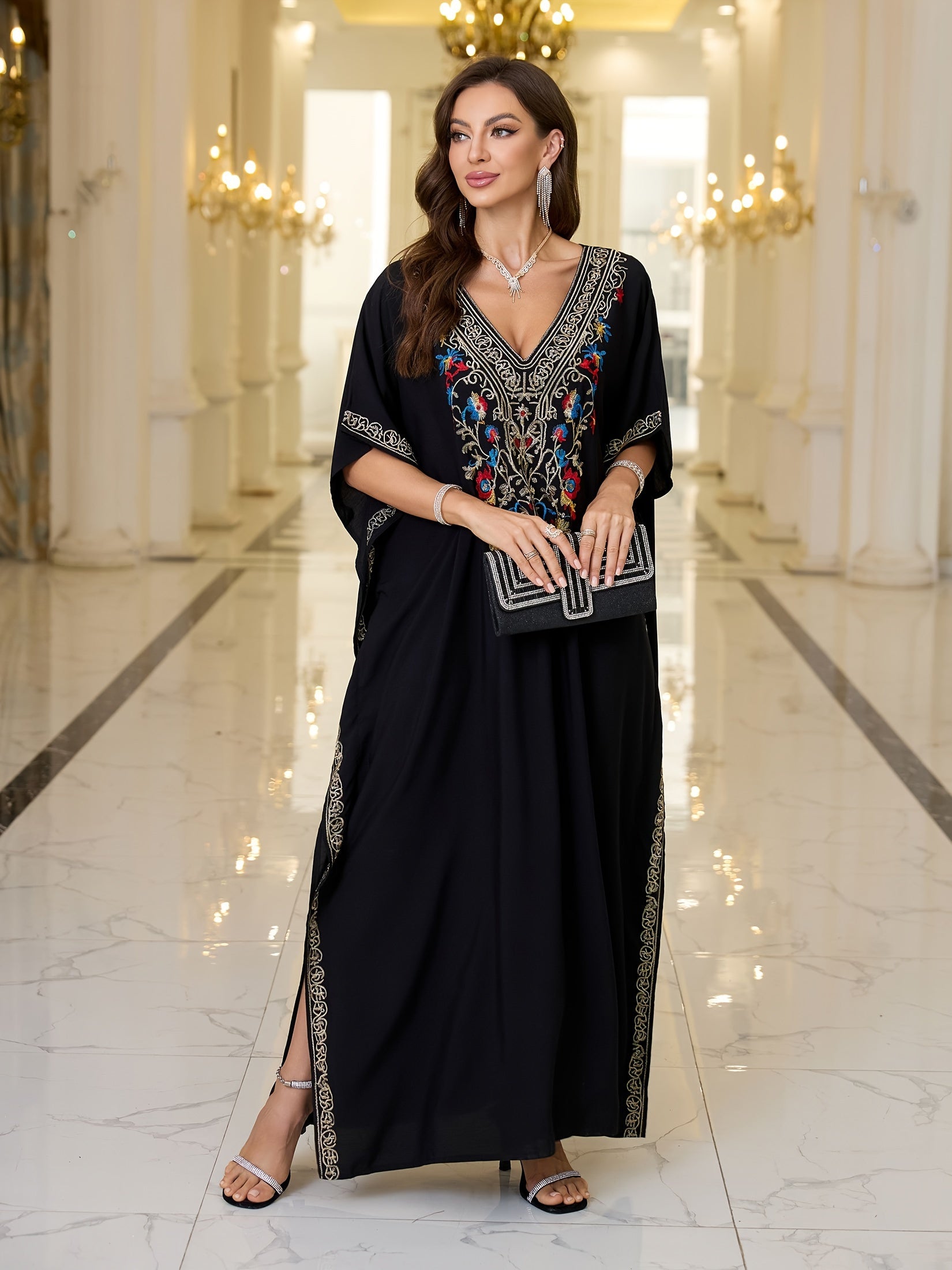 Women's Colorful Embroidered Bat-Sleeve Beach Cover-Up Dress