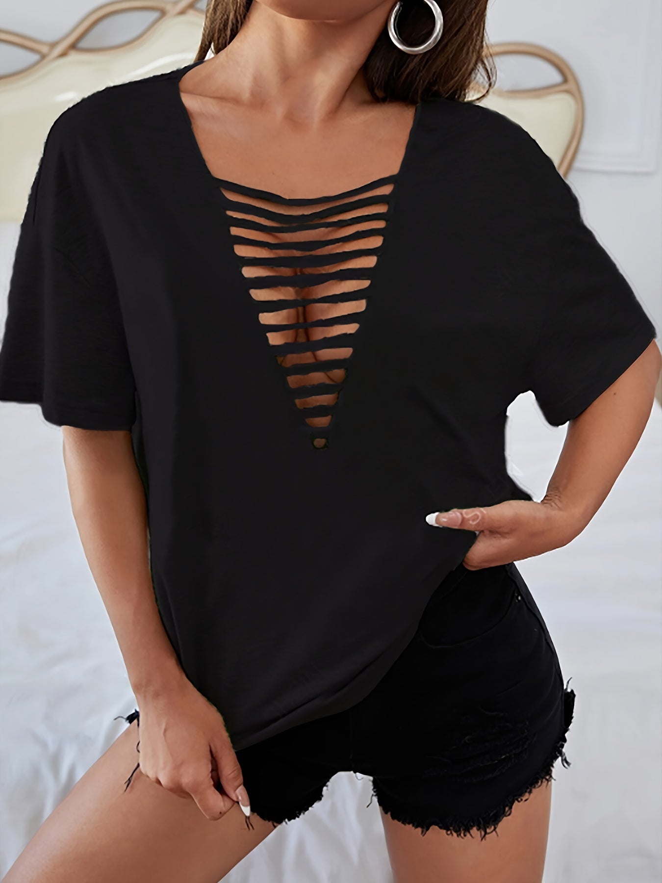 Plus Size Women V-Neck Crop Top with Front Cut-Out Black Short Sleeve