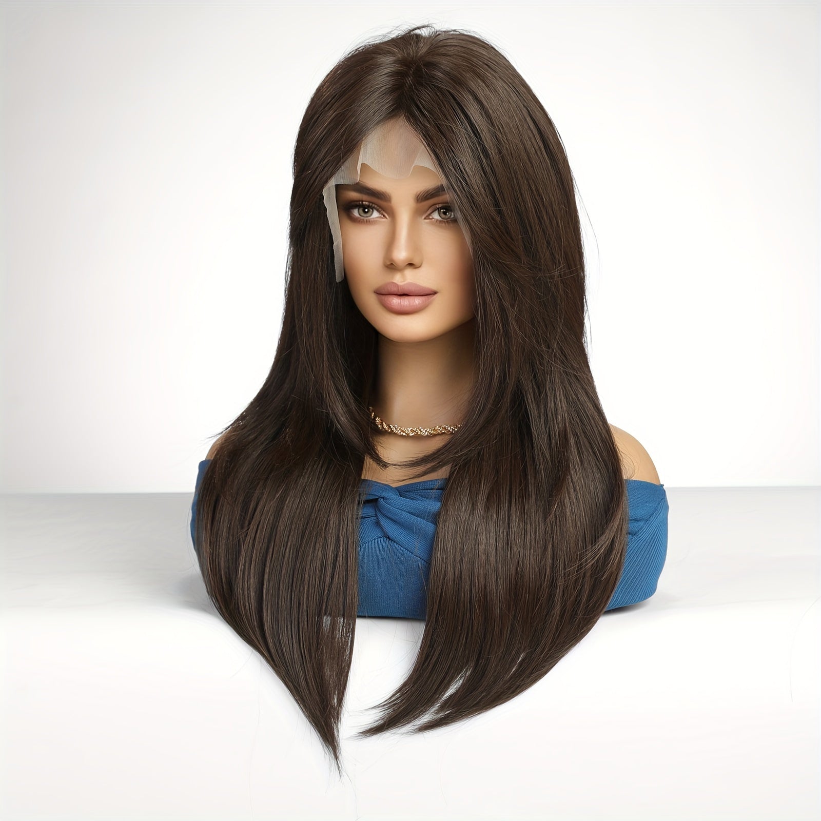 Mujer peluca recta con encaje frontal 33x15cm fibra de alta temperatura aspecto natural ajuste cómodo