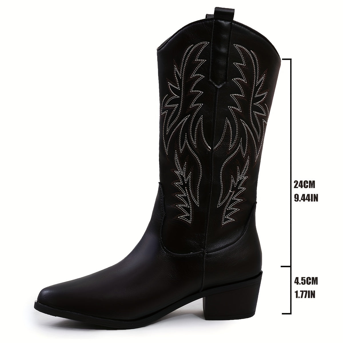 Women's Black Western Style Slip-On Cowboy Boots with Embroidery, Plus Size