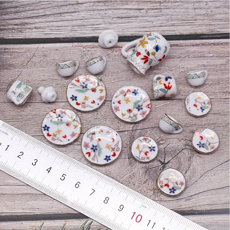 Miniature Chinese Tea Set 15 Pieces 1:12 Scale Ceramic Dollhouse Accessories Floral Pattern