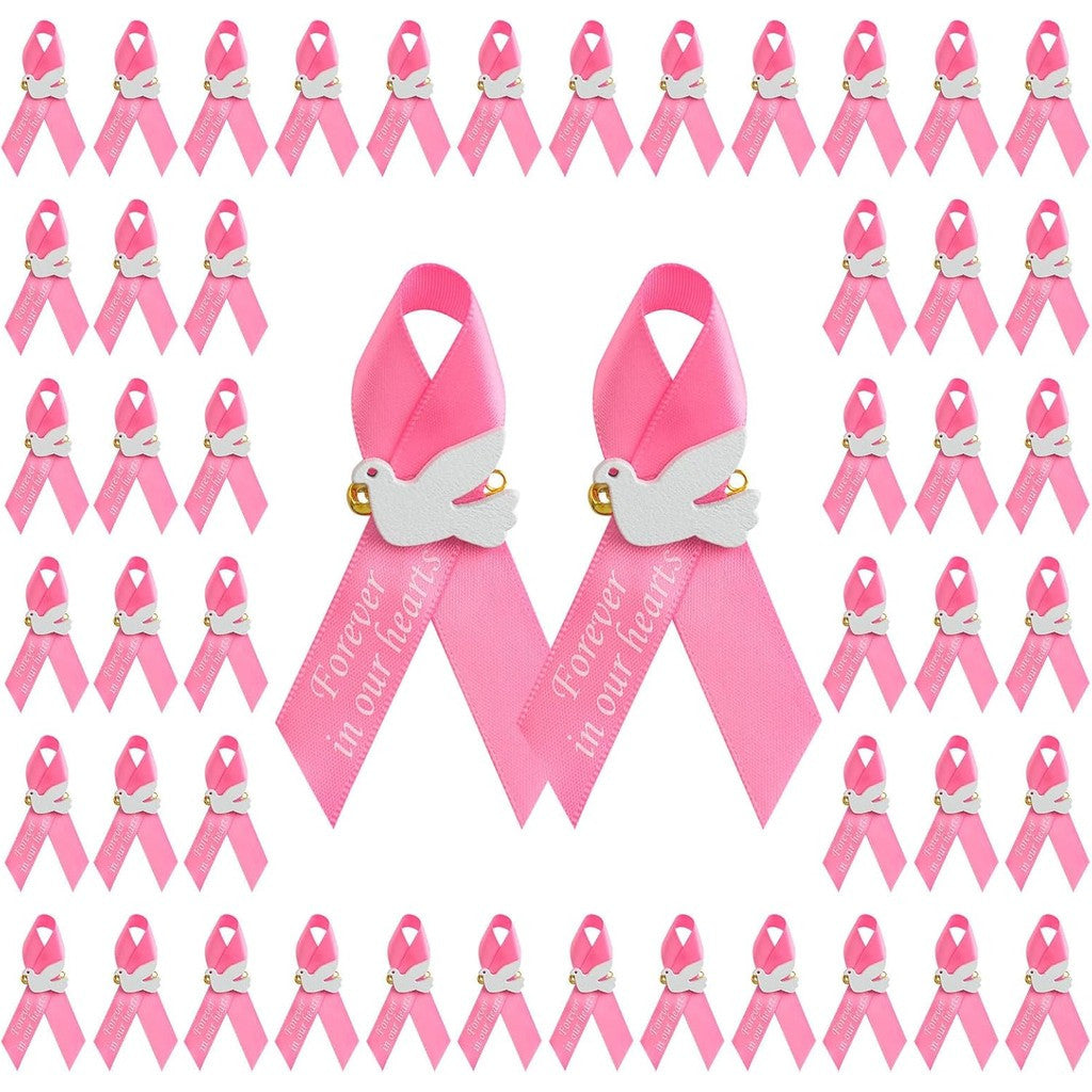 Pink Satin Ribbon Pins with Dove and "Forever in Our Hearts" Memorial Brooches